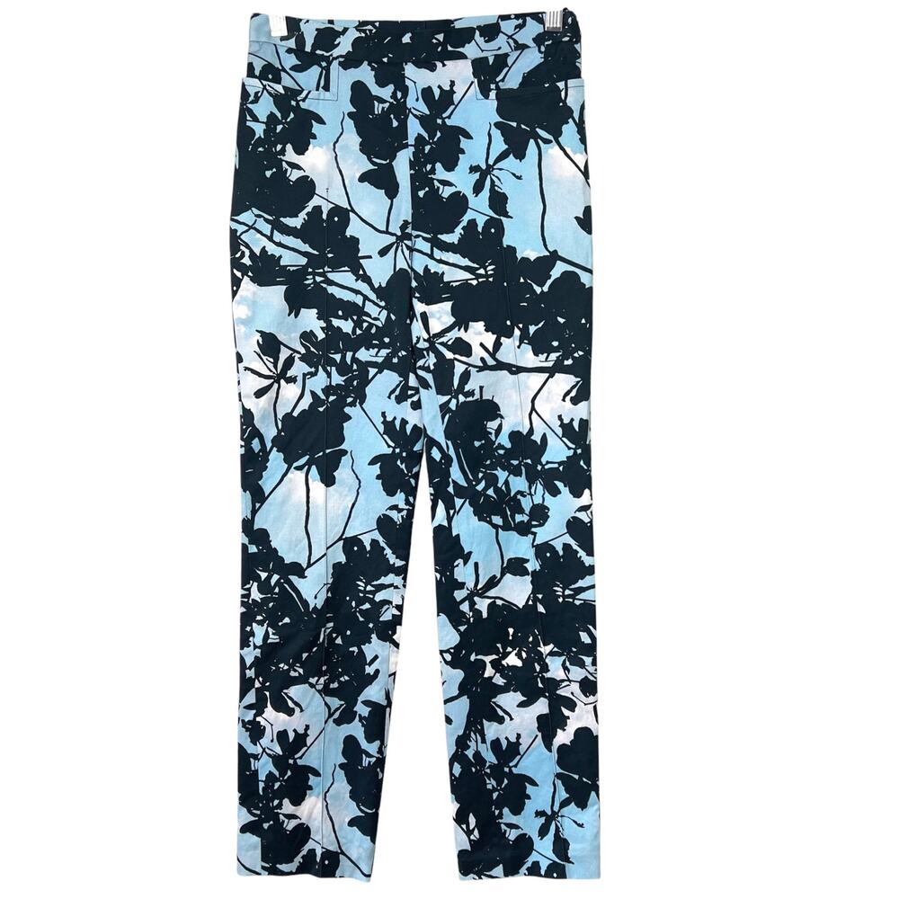 Akris Punto Floral-Print Slim-Stretch Straight Ankle Pants Blue Black Size 2